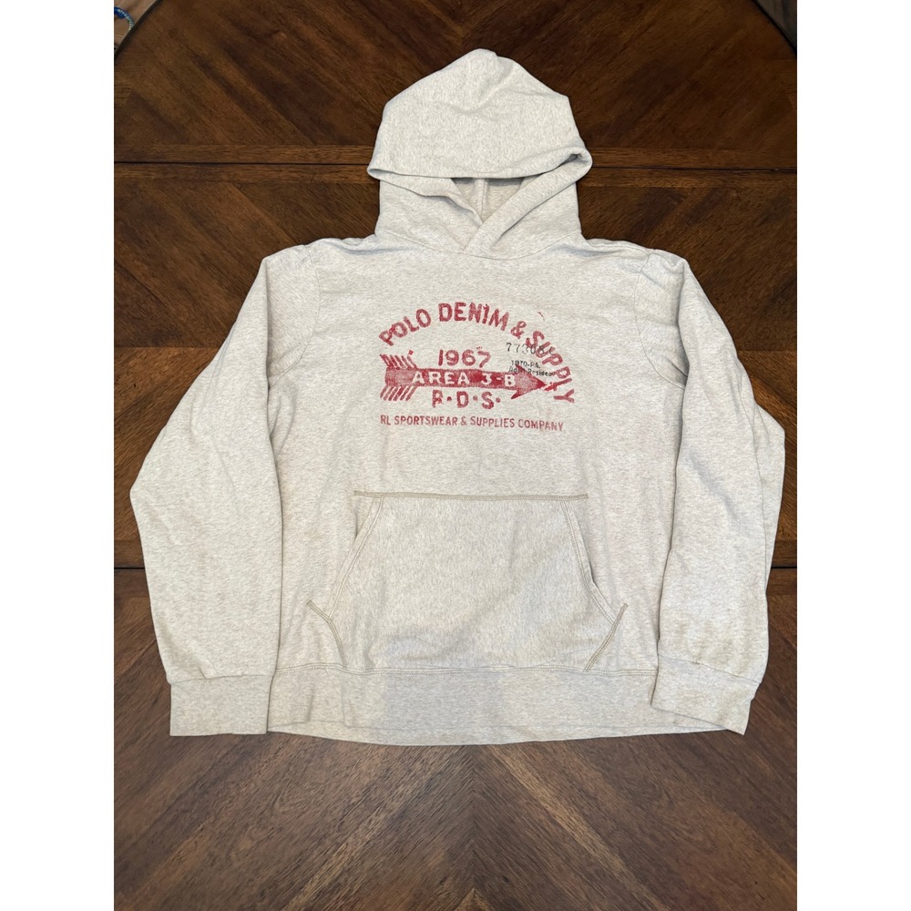 Denim & Supply Ralph Lauren Mens XXL Gray Graphic Hoodie Area 3-B 1967 Pullover